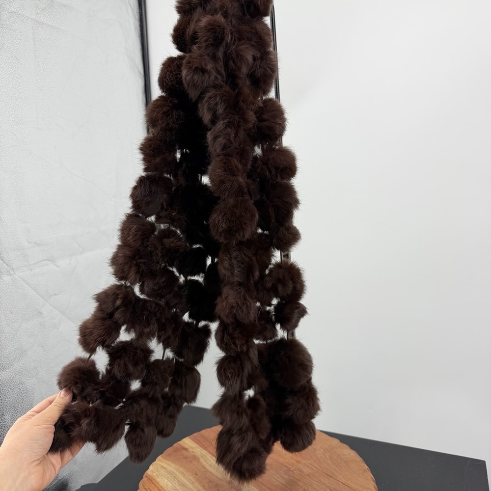 Valerie Stevens Pom Pom Scarf Rabbit Fur Made in Italy 48” length 6” width brown